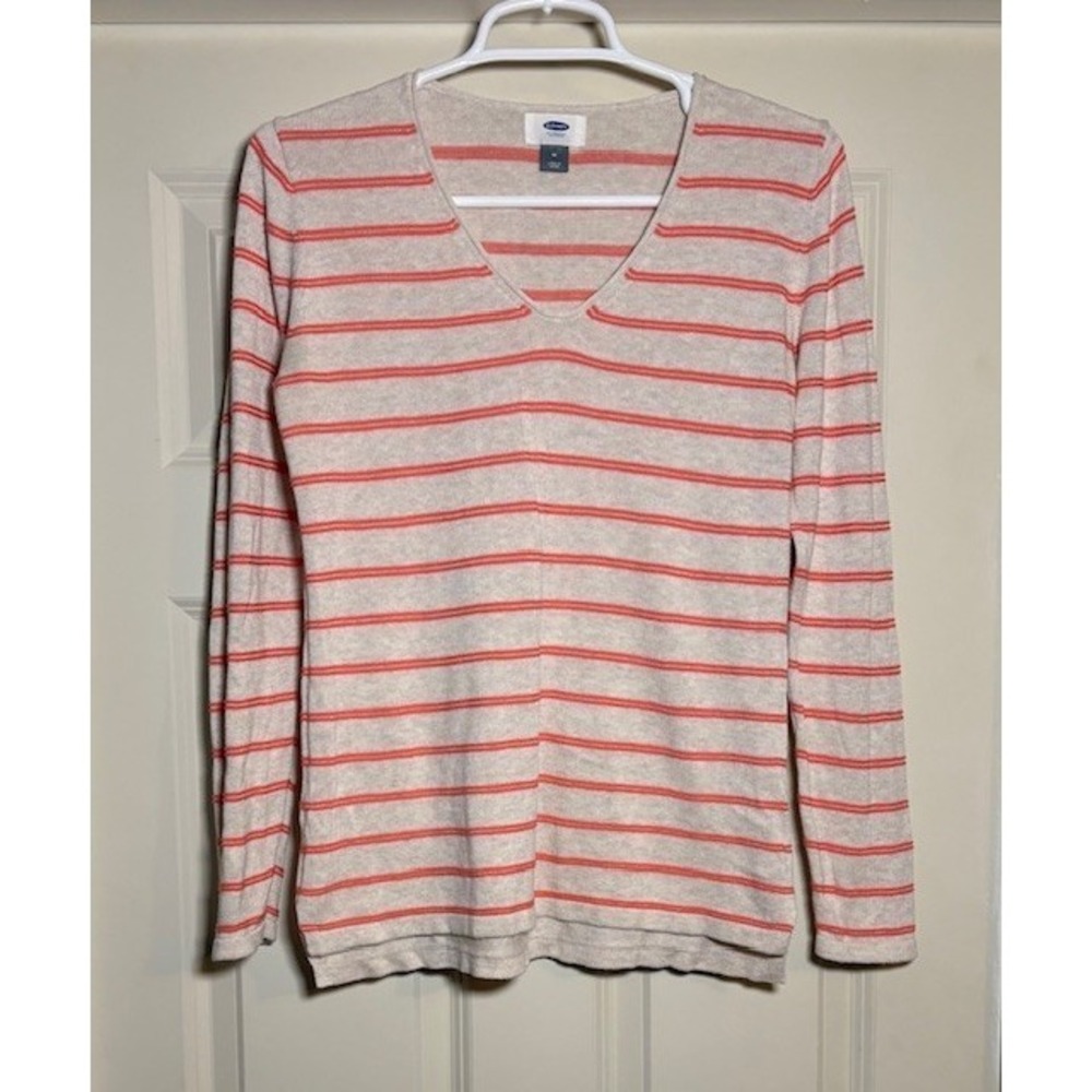 Old Navy lightweight sweater, heathered cream with coral stripes, size medium